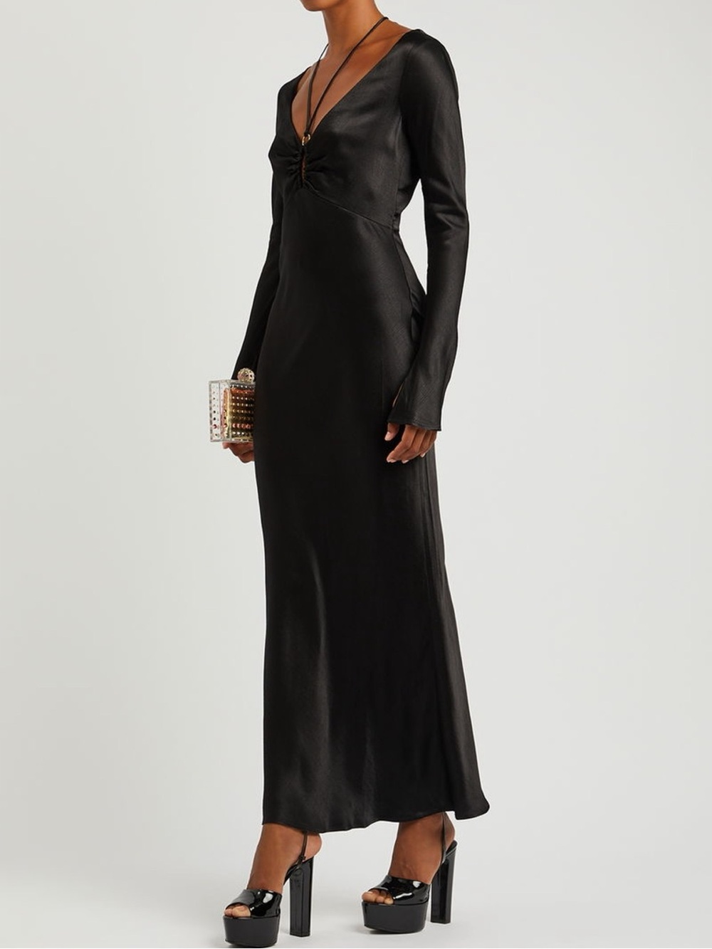 Bec + Bridge Malyka Elegant Satin Black Evening Long Sleeve Woman’s Maxi Dress 6